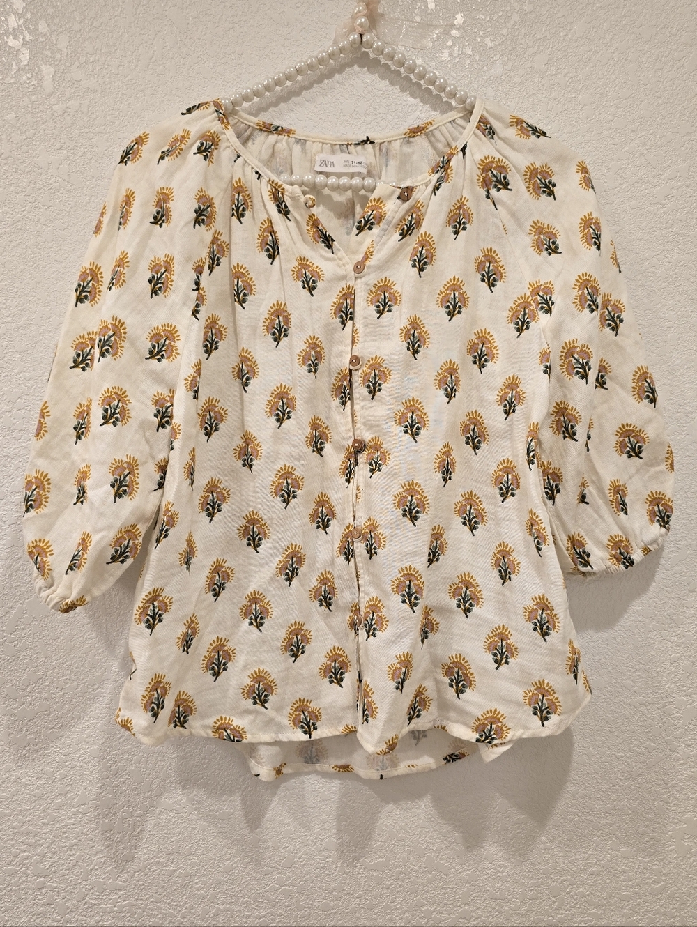 Zara Cotton Yellow floral print button-down blouse Kids 11-12 NWOT
